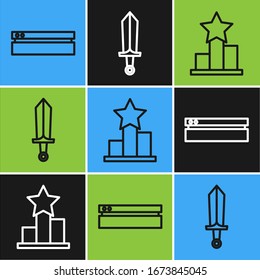Ajuste la consola de videojuegos de línea, Estrella y Espada para el icono de juego. Vector
