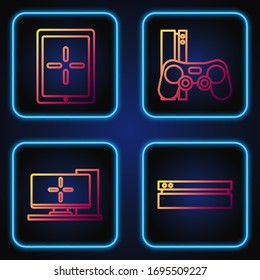 Configure la consola de videojuegos en línea, el monitor de PC, la consola de Tablet y videojuegos con joystick. Iconos de color degradado. Vector