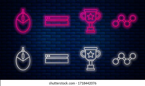 Set line Video game console, Award cup, Computer mouse gaming and Share. Glowing neon icon on brick wall. Vector