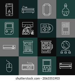 Set line Video game console, Computer network, Create account screen, Poker table, Racing simulator cockpit, Portable video, Mobile and playing and CD DVD disk box icon. Vector