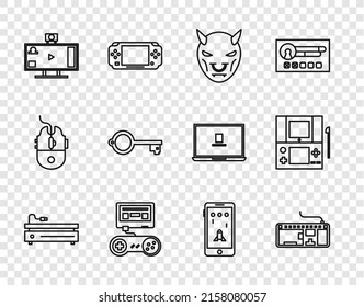 Set line Video game console, Computer keyboard, Mask of the devil with horns, Game joystick, Live streaming online, Ancient for, Mobile and playing and Portable video icon. Vector