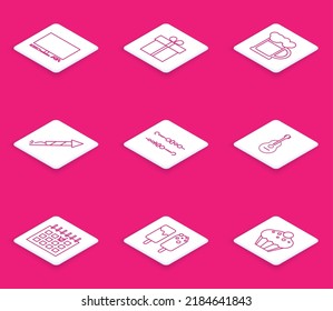 Set line Video game console, Gift box, Wooden beer mug, Firework rocket, Grilled shish kebab, Guitar, Detailed calendar and Ice cream icon. Vector