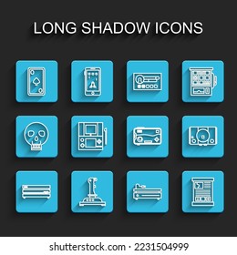 Set line Video game console, Joystick for arcade machine, Playing card with diamonds, Game guide, Portable video,  and Mobile and playing icon. Vector