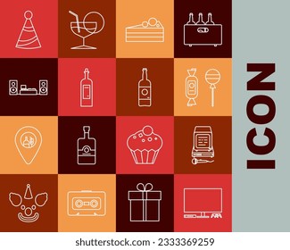 Set line Video game console, Karaoke, Lollipop, Cake, Bottle of wine, Home stereo with two speakers, Party hat and Beer bottle icon. Vector