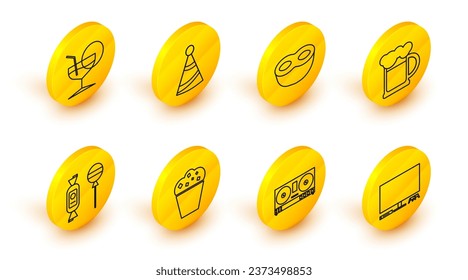 Set line Video game console, DJ remote for playing and mixing music, Popcorn cardboard box, Lollipop, Wooden beer mug, Festive mask, Party hat and Martini glass icon. Vector