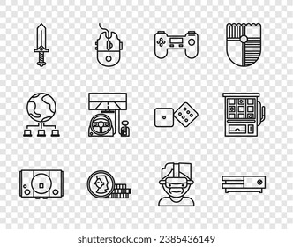 Set line Video game console, Gamepad, Coin for, Sword, Racing simulador cockpit, Gafas de realidad virtual e icono de la máquina Slot. Vector