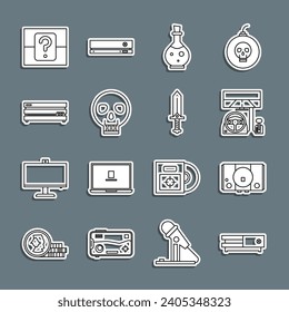Fijar línea consola de videojuegos, cabina de simulador de carreras, Botella con elixir mágico, Calavera, caja aleatoria de misterio y Sword por icono. Vector
