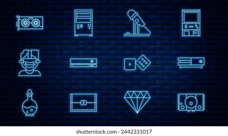 Set line Video game console, Microphone, Virtual reality glasses, graphic card, Game dice and Computer icon. Vector