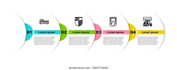 Set line Video game console, Shield for, Portable video and Racing simulator cockpit. Business infographic template. Vector
