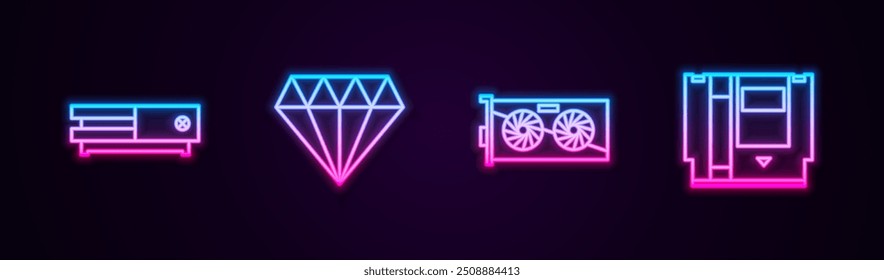Video Línea de juego, consola de juego, diamante, tarjeta gráfica y cartucho. Icono de neón brillante. Vector