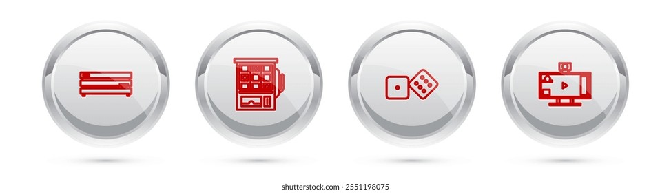 Set line Video game console, Slot machine, Game dice and Live streaming online. Silver circle button. Vector