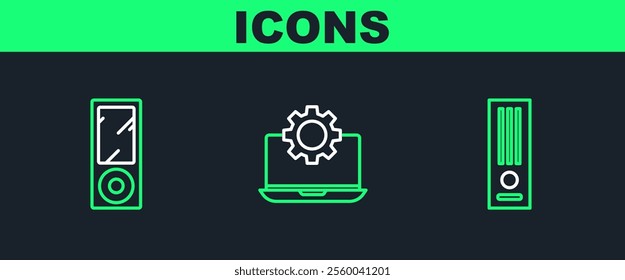 Set line Video game console, Music player and Laptop and gear icon. Vector