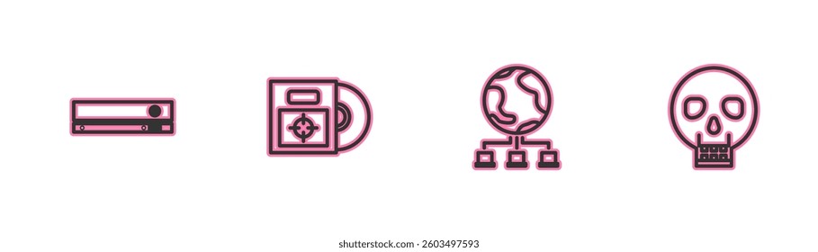 Set line Video game console, Computer network, CD DVD disk in box and Skull icon. Vector