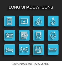Set line Video game console, Gamepad, Create account screen, Portable video, Slot machine, Alien and  icon. Vector