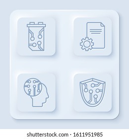 Set line Video graphic card, File document, Human brain as digital circuit board and Cyber security. White square button. Vector