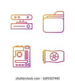 Set line Video graphic card, Motherboard, Motion sensor and Document folder. Gradient color icons. Vector