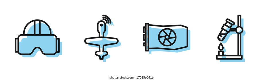 Set line Video graphic card, Virtual reality glasses, UAV Drone and Test tube flask on fire icon. Vector