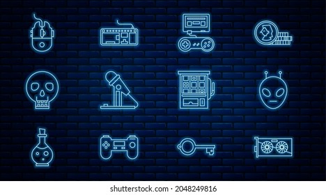 Set line Video graphic card, Alien, Game console with joystick, Microphone, Skull, Computer mouse gaming, Slot machine and keyboard icon. Vector