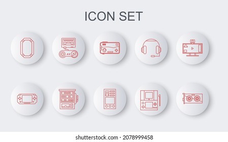 Set Line Video Graphic Card, Portable Video Game Console, Mobile And Playing In, Poker, Game With Joystick, Slot Machine And Create Account Screen Icon. Vector