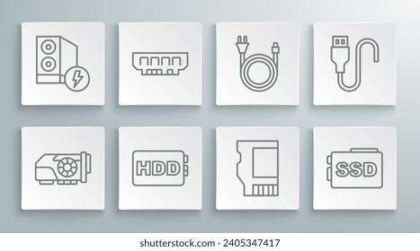 Set line Video graphic card, RAM, random access memory, Hard disk drive HDD, SD, SSD, Electric plug, USB cable cord and Case of computer icon. Vector