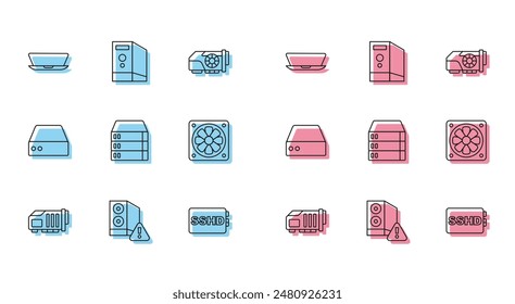 Set line Video graphic card, Case of computer, Laptop, SSHD, Server, Data, Web Hosting, Computer cooler,  and  icon. Vector