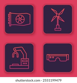 Set line Video graphic card, Robotic robot arm hand factory, Wind turbine and Smart glasses. Blue square button. Vector