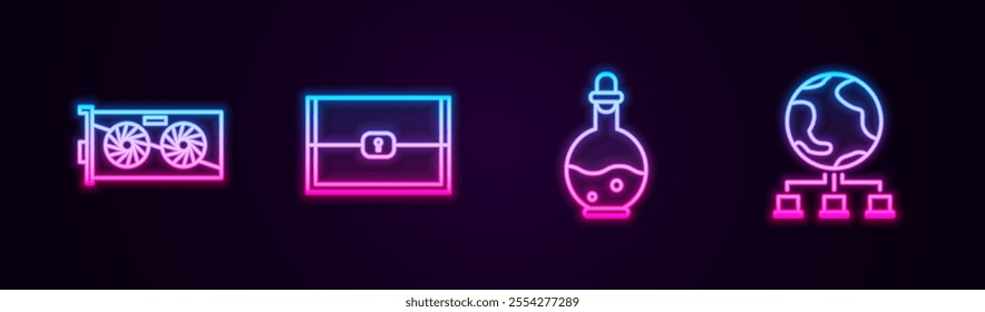 Set line Video graphic card, Chest for game, Bottle with magic elixir and Computer network. Glowing neon icon. Vector