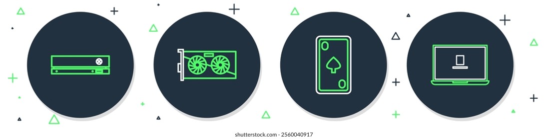 Set line Video graphic card, Playing with diamonds, game console and Laptop icon. Vector