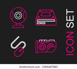 Set line Video graphic card, Computer mouse, Optical disc drive and Web camera icon. Vector