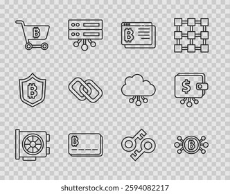 Set line Video graphic card, Bitcoin in circuit, browser, Credit with bitcoin, Shopping cart, Chain link, Cryptocurrency key and wallet icon. Vector