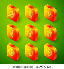 Set line Video graphic card, Bitcoin, Piggy bank bitcoin, USB flash drive, Lock with, CPU mining farm and Shield icon. Vector