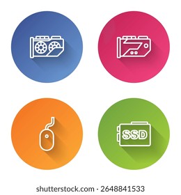 Set line Video graphic card, , Computer mouse and SSD. Color circle button. Vector