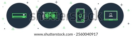 Set line Video graphic card, Playing with diamonds, game console and Laptop icon. Vector