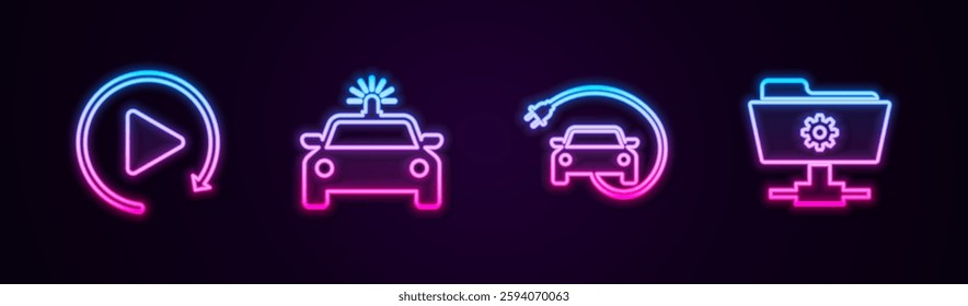 Set line Video play button, Police car and flasher, Electric and FTP settings folder. Glowing neon icon. Vector