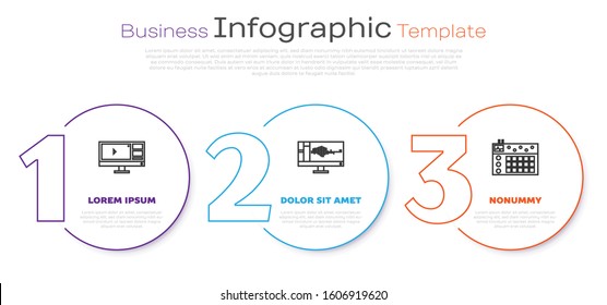 Set line Video recorder or editor software on monitor, Sound or audio recorder on monitor and Drum machine. Business infographic template. Vector