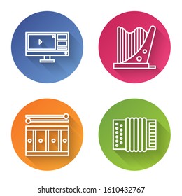 Set line Video recorder or editor software on monitor, Harp, Drum with drum sticks and Musical instrument accordion. Color circle button. Vector