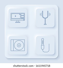 Set line Video recorder or editor software on monitor, Musical tuning fork, CD or DVD disk and Audio jack. White square button. Vector