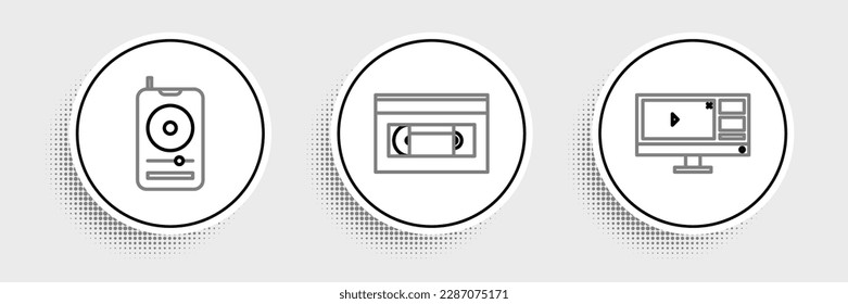 Set line Video recorder or editor software on monitor, Music player and VHS video cassette tape icon. Vector
