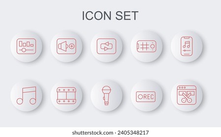 Set line Video recorder or editor, Music note, tone, Repeat button, Record, equalizer, Speaker volume, Play video and Microphone icon. Vector