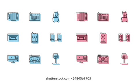 Set line Video recorder or editor software on monitor, Musical instrument accordion, stand, player, Stereo speaker, VHS video cassette tape and synthesizer icon. Vector