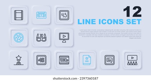 Ajuste la línea Video con subtítulos, pantalla de cine, gafas de cine 3D, Scenario, obturador de cámara, película Plus 16, cinta de vídeo VHS e icono Full HD 1080p. Vector