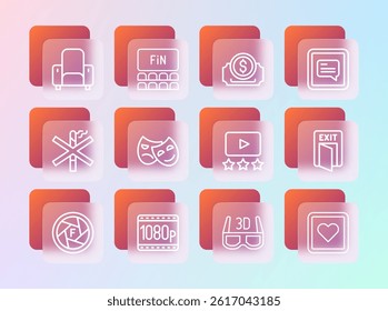 Set line Video with subtitles, Full HD 1080p, Rating movie, 3D cinema glasses, Comedy and tragedy masks, Cinema ticket, chair and auditorium screen icon. Vector