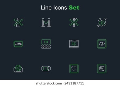 Set line Video with subtitles, Like heart, Cinema ticket, Rating movie, 4k, auditorium screen and Record button icon. Vector