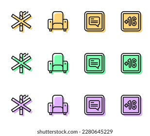 Set line Video with subtitles, No smoking, Cinema chair and Plus 16 movie icon. Vector