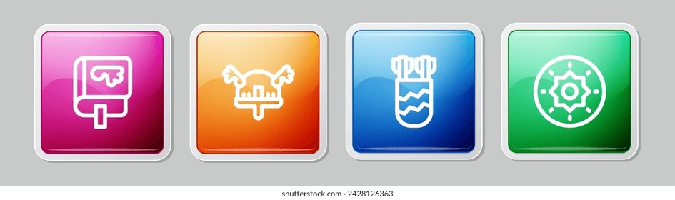 Set line Viking book, horned helmet, Quiver with arrows and Shield viking. Colorful square button. Vector