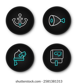 Set line Viking book, horned helmet, Chicken leg and Anchor icon. Vector