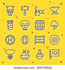 Set line Viking flag, Shield viking, Cloud and lightning, Medieval spear, Skull, Quiver with arrows, helmet and Wooden barrel icon. Vector