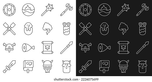 Set line Viking head, Medieval spear, Quiver with arrows, Mace spikes, Oars or paddles boat, Shield viking and Cloud and lightning icon. Vector