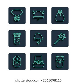 Set line Viking head, ship Drakkar, Old money bag, Cloud and lightning, Quiver with arrows, Necklace gem and Mace spikes icon. Vector