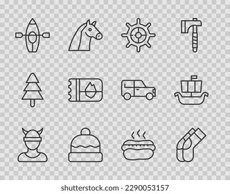Set line Viking head, Socks, Ship steering wheel, Beanie hat, Kayak and paddle, Ticket Iceland, Hotdog sandwich and ship Drakkar icon. Vector
